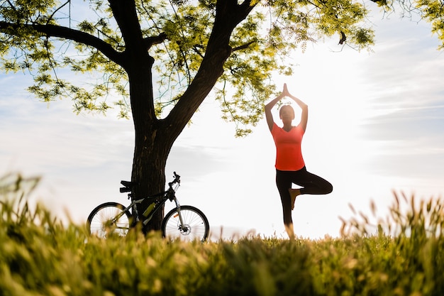 Siluetta sottile della bella donna che fa sport nella mattina nel parco che fa yoga