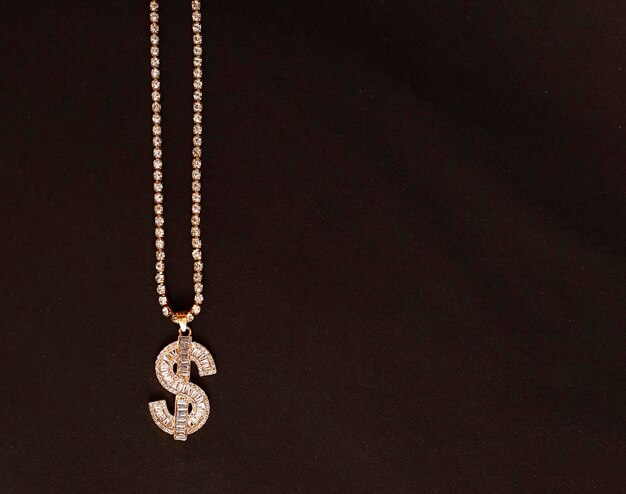 Simbolo del dollaro d'oro sulla catena d'oro Sfondo collana di gioielli con posto per banner di testo Accessori moda