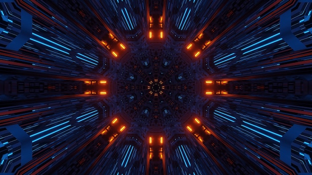 Simmetria futuristica e spazio astratto di riflessione con luci al neon arancioni e blu