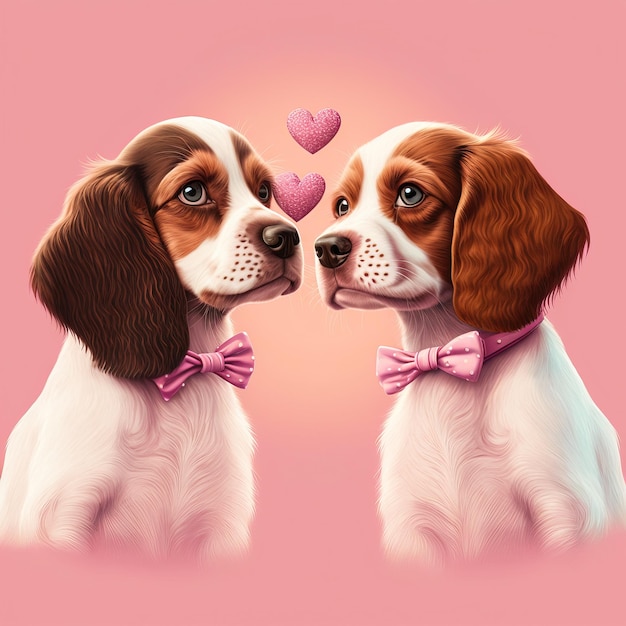 Simpatica carta di san valentino con cani del carlino dei cartoni animati che baciano i personaggi generativi ai