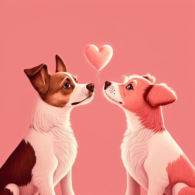 Simpatica carta di san valentino con cani del carlino dei cartoni animati che baciano i personaggi generativi ai