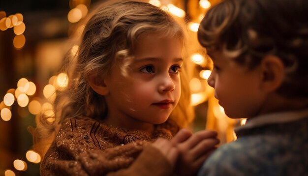 Simpatici fratelli caucasici si abbracciano godendosi le luci natalizie al chiuso generate dall'intelligenza artificiale