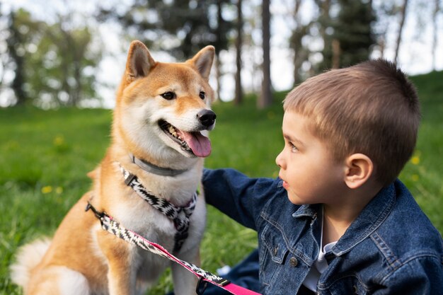 Simpatico animale domestico shiba inu con la famiglia