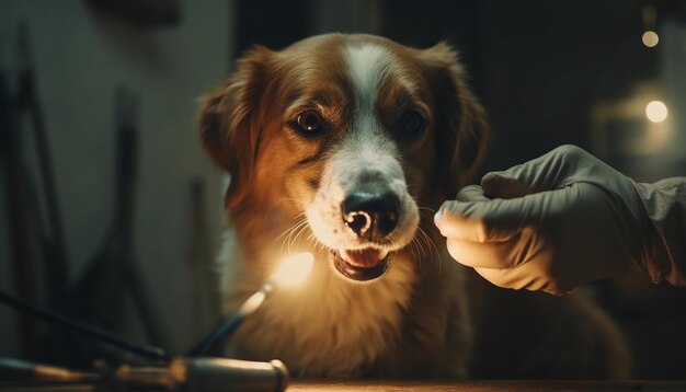 Simpatico cucciolo di razza pura seduto guardando l'IA generativa della mano umana