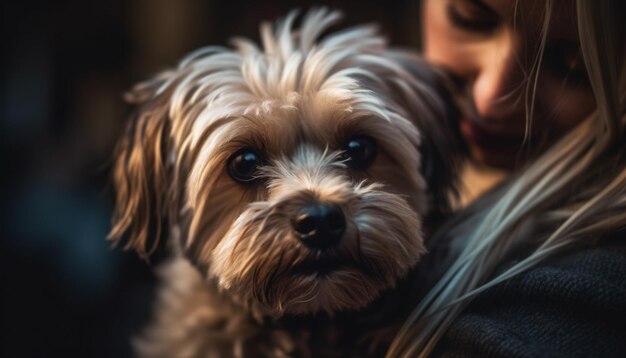 Simpatico cucciolo di terrier che guarda la fotocamera all'aperto generato dall'intelligenza artificiale