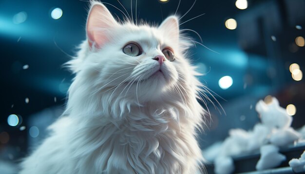 Simpatico gattino che fissa all'aperto la soffice pelliccia illuminata dalla neve generata dall'intelligenza artificiale