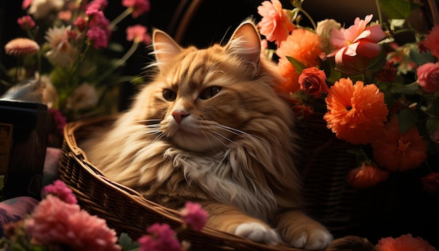 Simpatico gattino seduto in un cestino circondato da fiori e natura generati dall'intelligenza artificiale