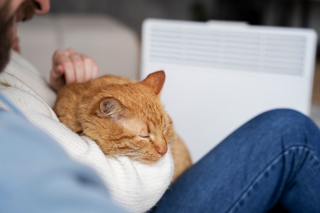 Simpatico gatto che dorme tra le braccia del proprietario