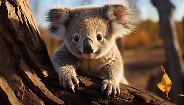 Simpatico koala seduto su un ramo che guarda la telecamera generata dall'intelligenza artificiale