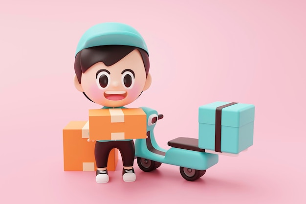 Simpatico uomo di consegna con scooter o moto in piedi su sfondo rosa e trasporto di scatole di cartone illustrazione rendering 3D