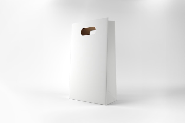 Simple white paper bag with handle on a white background