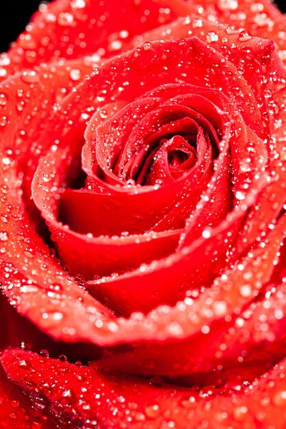 Singola bella rosa rossa con gocce di pioggia su sfondo nero. Simbolo romantico.