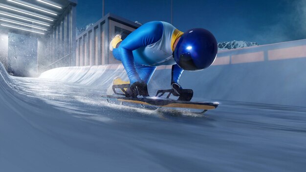 Skeleton sport Bobsled Luge L'atleta scende su una slitta su una pista di ghiaccio