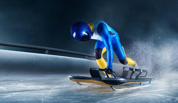 Skeleton sport Bobsled Luge L'atleta scende su una slitta su una pista di ghiaccio