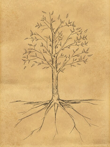 Sketch di albero con foglie su carta