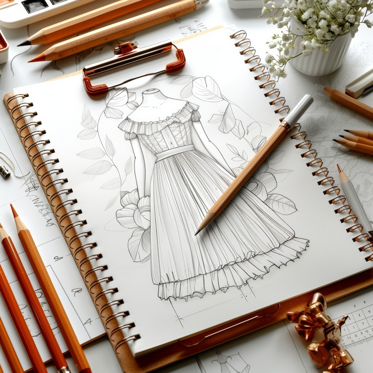 Foto gratuito sketch di design di moda in stile arte digitale su carta