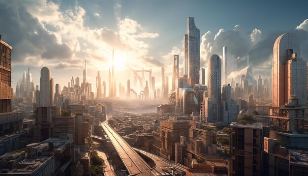 Skyline futuristico della città illuminato da luci notturne generate dall'intelligenza artificiale