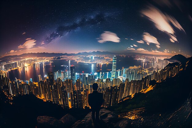 Skyline notturno della città moderna illuminata e futuristica IA generativa