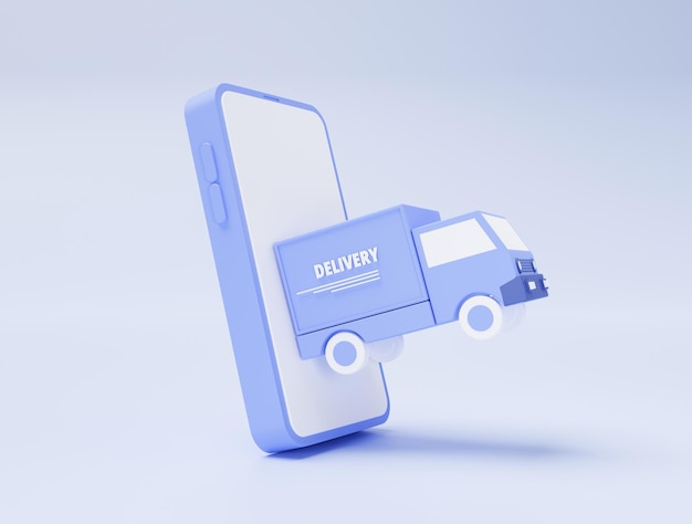 Smartphone con consegna camion trasporto spedizione veloce consegna logistica vettore icona segno o simbolo e-commerce concetto su sfondo blu 3d illustrazione