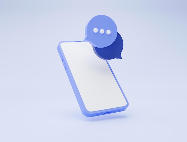 Smartphone con il concetto di e-commerce di comunicazione sui social media del messaggio di chat della bolla vocale su illustrazione 3d del fondo blu