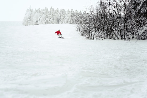 Snoboarder fa un giro di scafo scendendo sulla neve