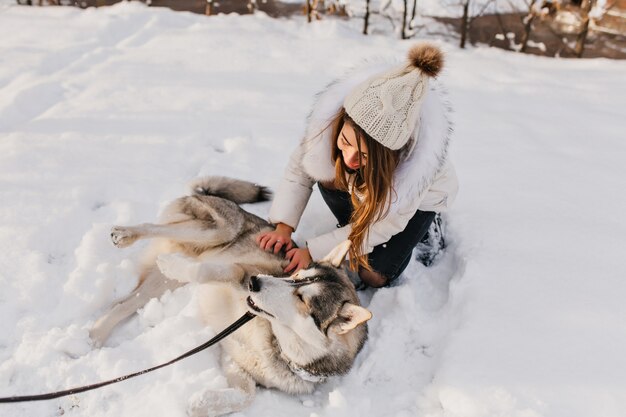 Soddisfatto husky che riposa sulla neve che gode dell'inverno durante il divertimento all'aperto. Ritratto di giovane donna alla moda in abito bianco accarezzando il cane nel freddo giorno di febbraio.