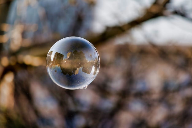 Soft focus di una bolla con la riflessione degli edifici della città e degli alberi su di esso