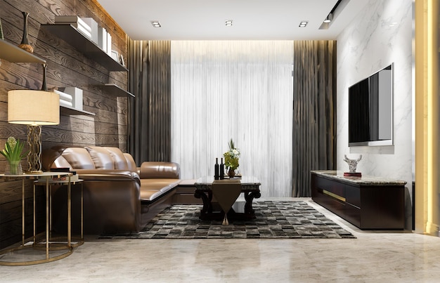 Soggiorno moderno e di lusso con rendering 3d con divano in pelle e lampada e decorazioni in legno in stile loft