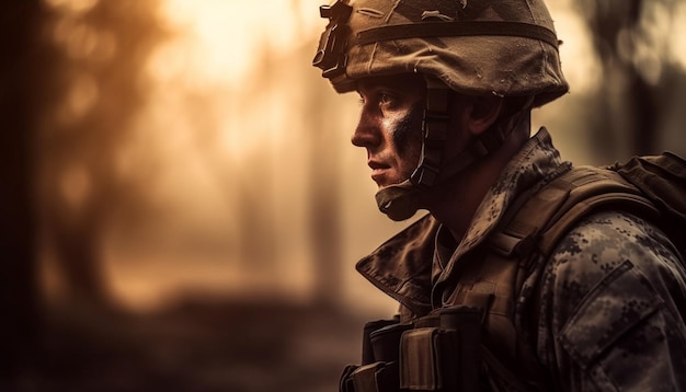 Soldato dell'esercito che tiene il fucile in piedi nella natura generato dall'intelligenza artificiale