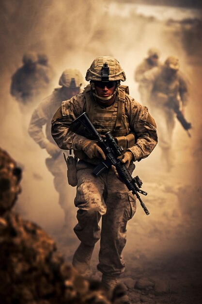 Soldato in vista frontale con attrezzatura di camuffamento
