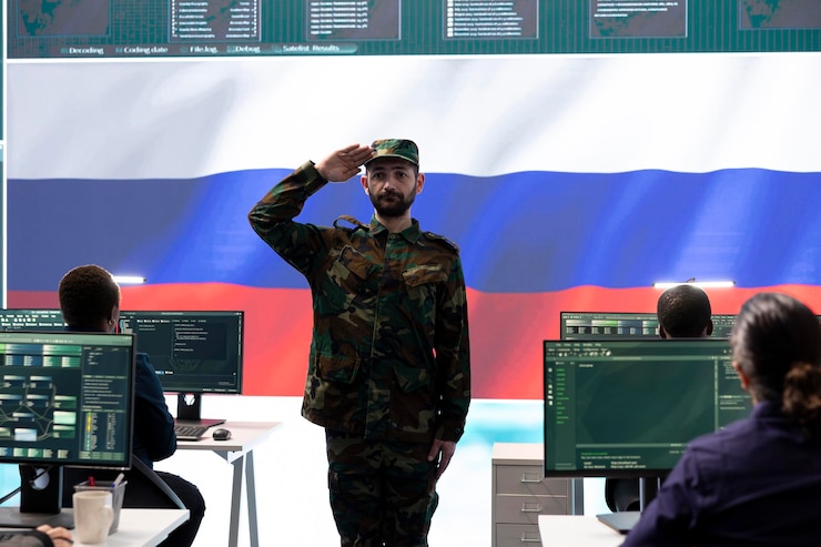 Foto gratuito soldato militare russo che presenta il saluto ufficiale nella sala di osservazione