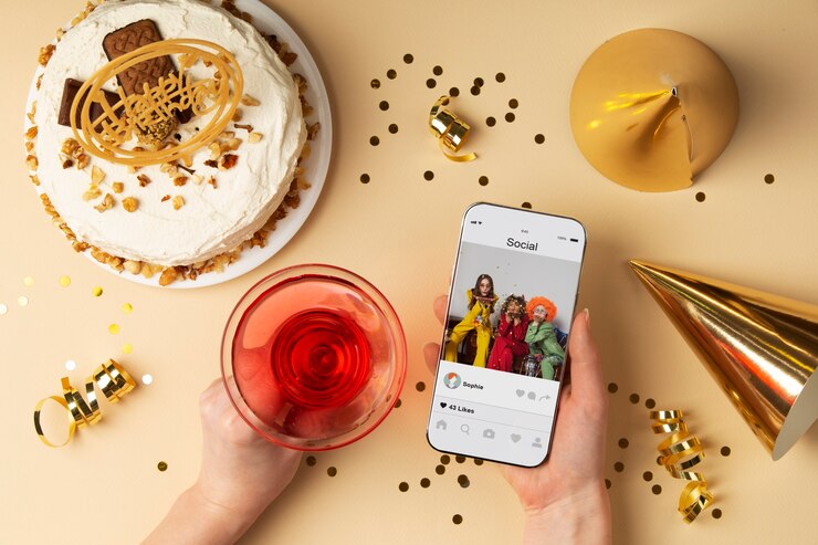 Foto gratuito sopra le decorazioni per le feste con lo smartphone