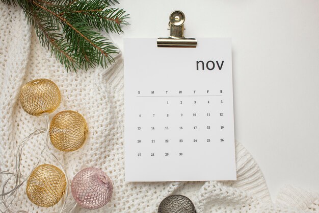 Sopra vista calendario e rami di novembre