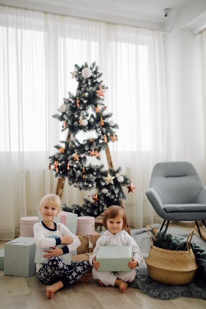 Sorella due che posa per l'immagine durante la ripresa di foto di famiglia