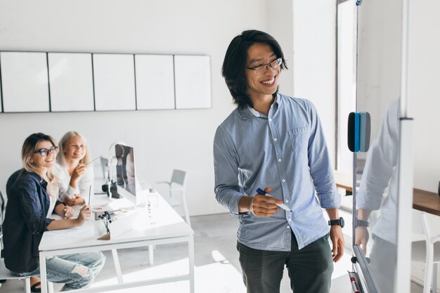 Sorridente asiatico sviluppatore freelance disegno piano d'azione della lavagna a fogli mobili. Dirigenti femminili giovani biondi che esaminano il collega straniero che scrive qualcosa a bordo.