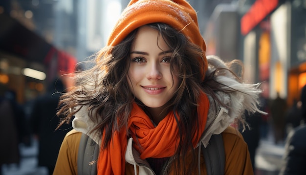Sorridente bellezza donna adulta in inverno allegro guardando la fotocamera generata dall'intelligenza artificiale