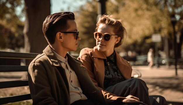 Sorridente giovane coppia seduta sulla panchina autunnale generata dall'intelligenza artificiale