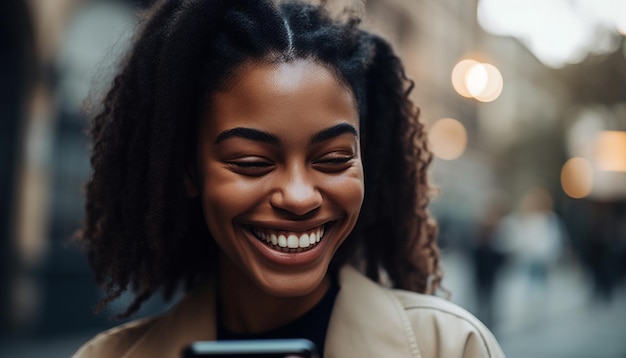 Sorridente giovane donna africana che si gode la vita di città all'aperto generata dall'intelligenza artificiale