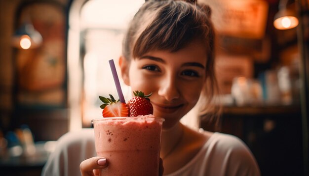 Sorridente giovane donna che gode di frappè fresco al chiuso generato dall'intelligenza artificiale