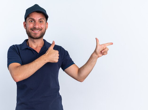 Sorridente giovane fattorino caucasico in uniforme blu e berretto che mostra il pollice in alto che punta a lato