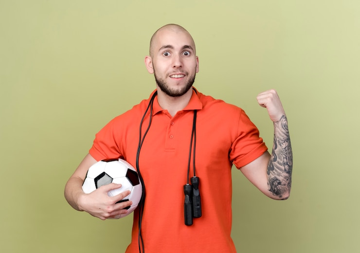 Foto gratuito sorridente giovane uomo sportivo che tiene palla con la corda per saltare sulla spalla e che mostra sì gesto isolato sulla parete verde oliva