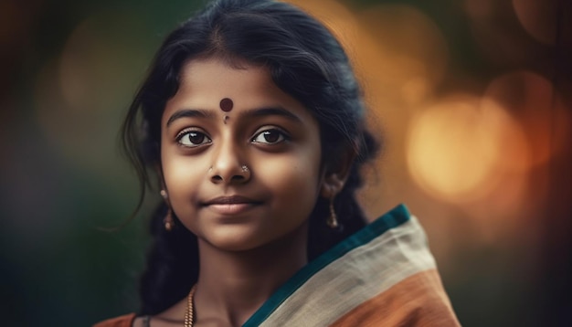 Sorridente ragazza indiana in abiti tradizionali all'aperto generata dall'intelligenza artificiale