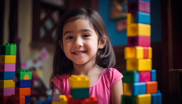 Sorridente ragazza prescolare caucasica che impila blocchi multicolori generati dall'intelligenza artificiale