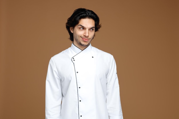 sospettoso giovane chef maschio che indossa l'uniforme guardando il lato isolato su sfondo marrone
