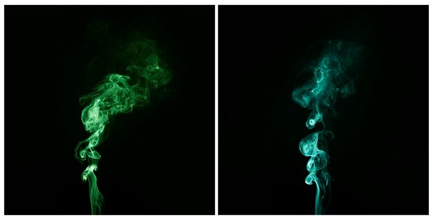 Sovrapposizione di fumo turchese e verde su sfondo nero