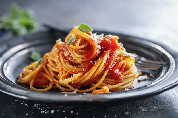 Spaghetti di pasta con salsa di pomodoro e formaggio serviti sulla piastra