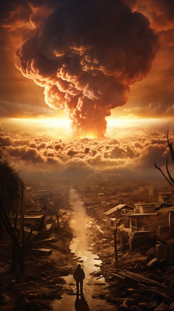 Spaventosa esplosione di una bomba nucleare apocalittica con fungo