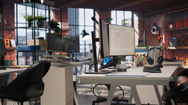 Foto gratuito spazio di lavoro vuoto dell'agenzia di tecnologia ai che fornisce servizi di sviluppo di software personalizzato