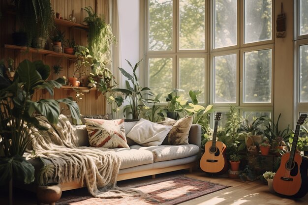 Spazio interno decorato in stile boho