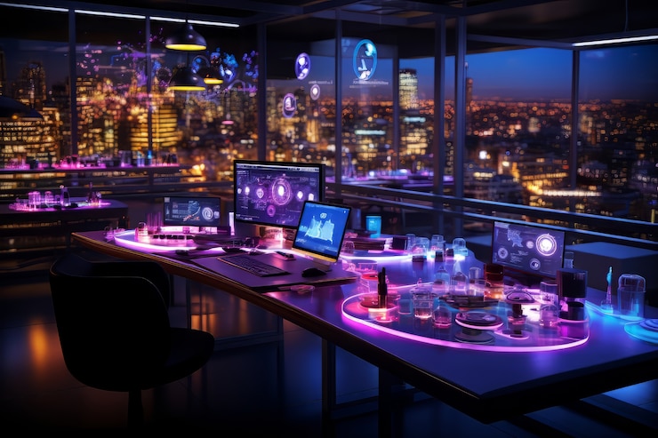 Foto gratuito spazio per uffici aziendali futuristici